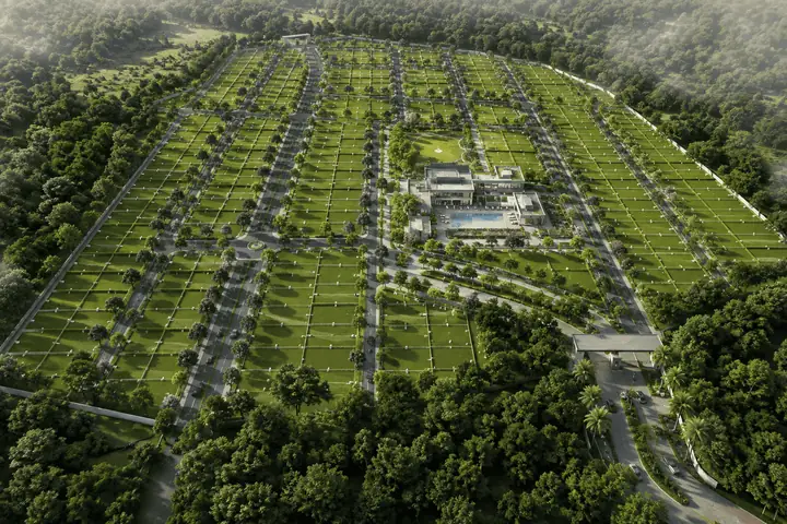 Aerial artistic impression showing rows of rectangular villa plots separated by tree-lined internal roads, a landscaped central park, a clubhouse with swimming pool, and a gated entrance arch.