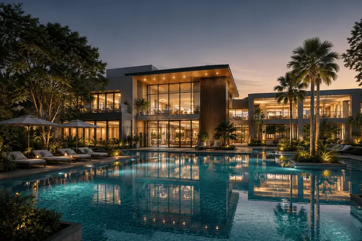 Artistic impression of the clubhouse with pool deck and landscaped surrounds.