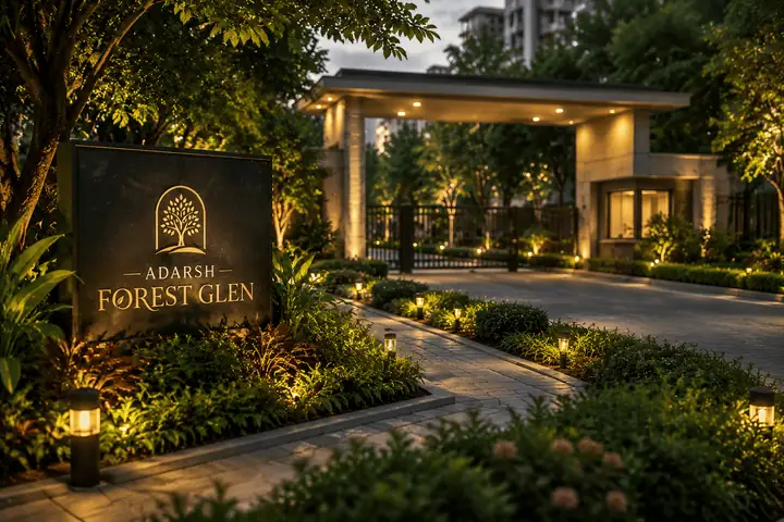 Artistic impression of the illuminated gated entrance to Adarsh Forest Glen with a landscaped approach road.