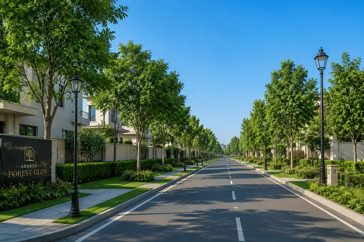 Artistic impression of tree-lined internal roads and footpaths within the plotted development.