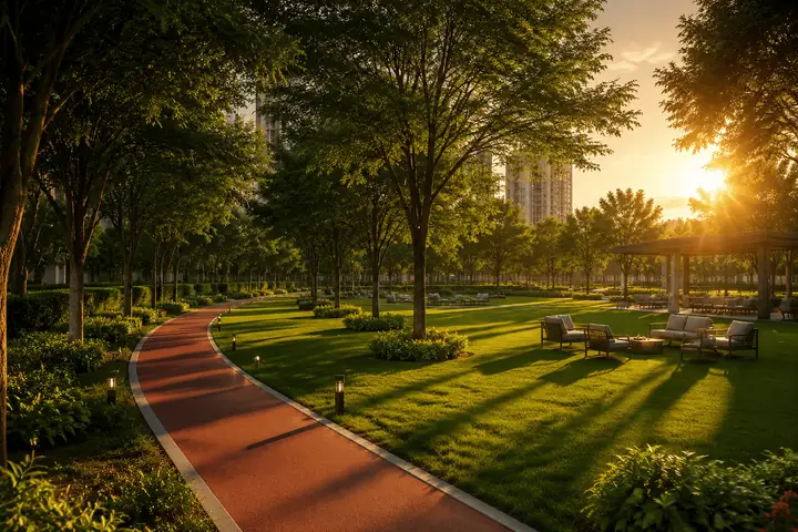 Artistic impression of a landscaped park with jogging trail, lawns and a shaded seating pavilion at golden hour.